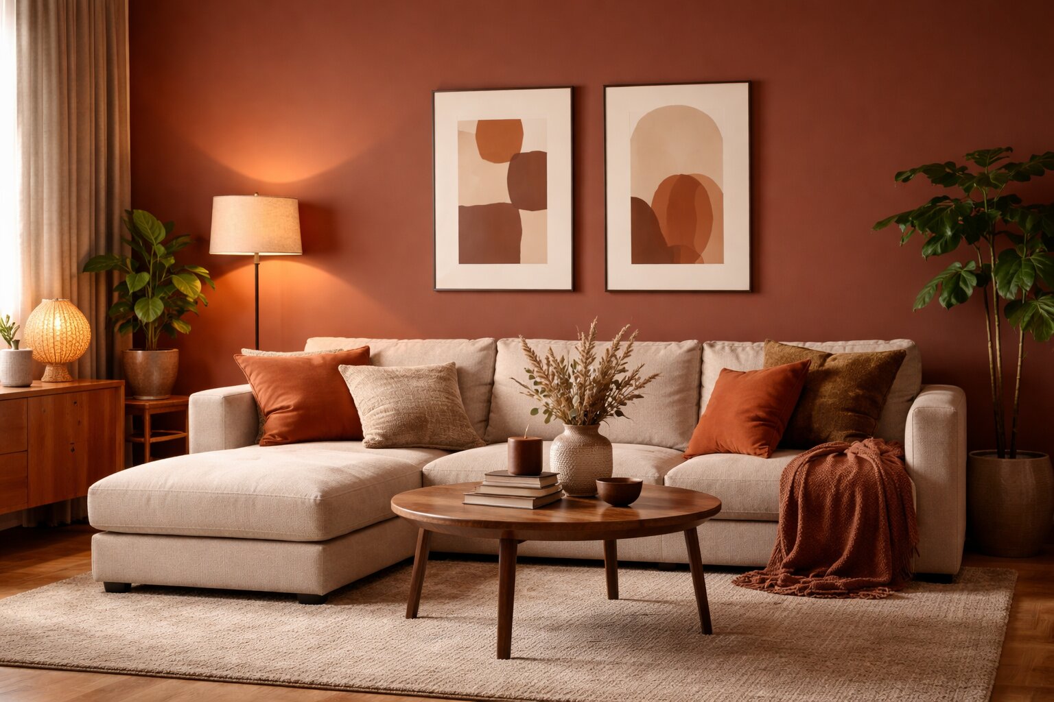 warme kleur muur woonkamer, warme kleuren